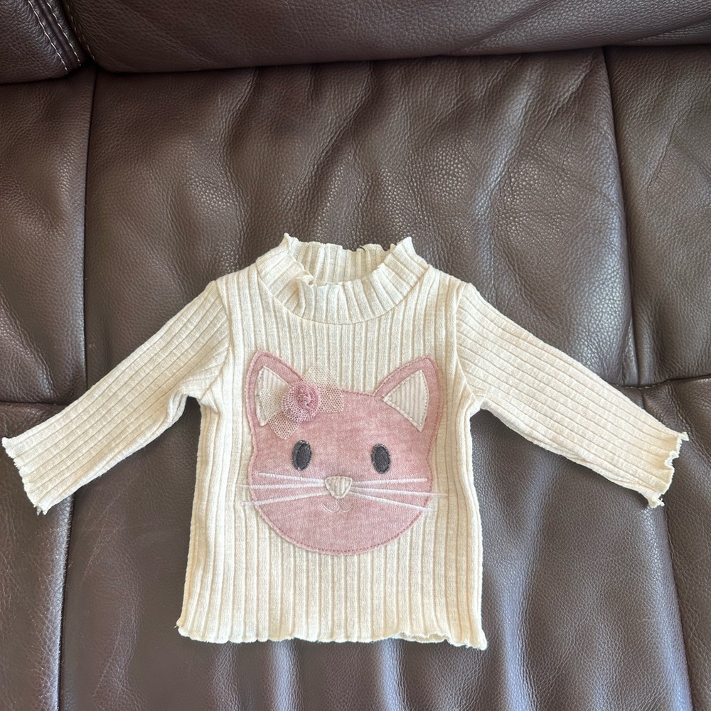 Cream Ribbed Girls' Long-Sleeve Top with Pink Cat Applique